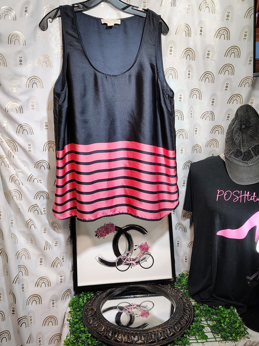 MICHAEL Michael Kors Black Sleeveless Tank with Pink Stripes